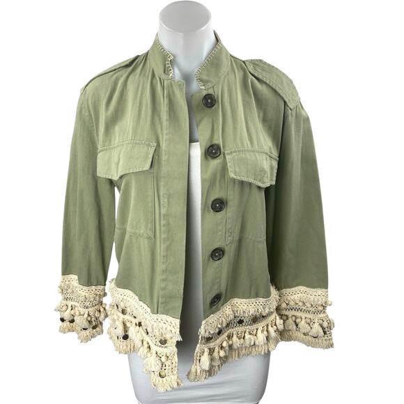 Zara Green Crochet Fringe Trim Button Front Pockets Long Sleeve Jacket Size XS - Picture 1 of 3